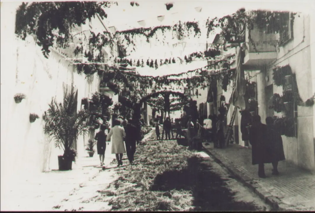 Calle adornada para el paso de la procesión del Corpus en Bolaños de Calatrava (Ciudad Real). Años 60. Fondo Los Legados de la Tierra. Archivo de la Imagen de Castilla-La Mancha.