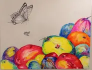 Frutas con dos mariposas. &Oacute;leo sobre lienzo. Gloria Carnero