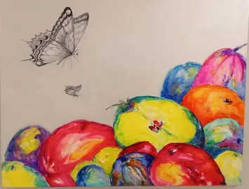 Frutas con dos mariposas. &Oacute;leo sobre lienzo. Gloria Carnero