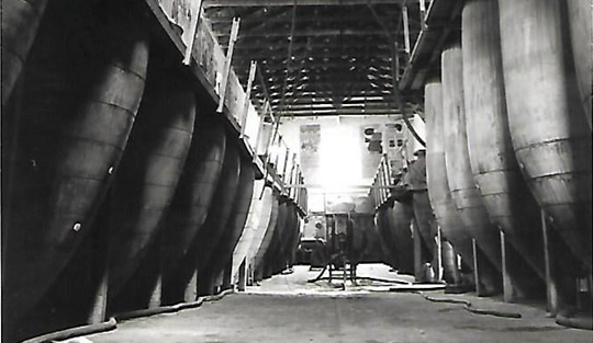 Fotografía en blanco y negro de una de las naves de tinajas de barro de 600 arrobas, en las: "Bodegas de Matías Brotons y Hermanos"
