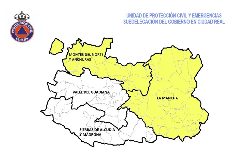 Mapa de previsión de fuerte lluvia o tormenta en la mitad oriental y norte de la provincia de Ciudad Real
