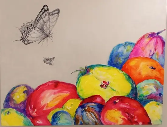 Frutas con dos mariposas. &Oacute;leo sobre lienzo. Gloria Carnero