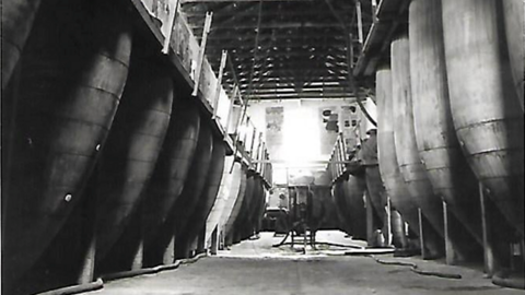 Fotografía en blanco y negro de una de las naves de tinajas de barro de 600 arrobas, en las: "Bodegas de Matías Brotons y Hermanos"