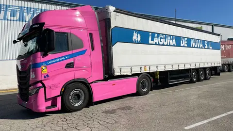 Camión rosa de la empresa Transportes Laguna Arroyo