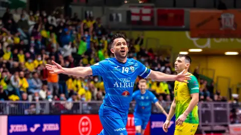 Rafa Rato celebrando su gol en los cuartos de final de la Copa de España 2022 entre Viña Albali Valdepeñas y Jaén Paraíso Interior
Foto: ACP-FSV
