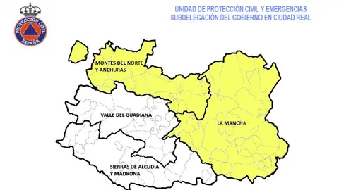 Mapa de previsión de fuerte lluvia o tormenta en la mitad oriental y norte de la provincia de Ciudad Real