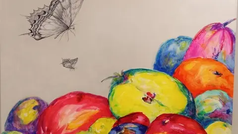 Frutas con dos mariposas. &Oacute;leo sobre lienzo. Gloria Carnero