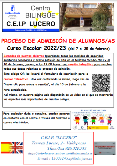 Cartel de proceso de admisión de alumnos del CEIP Lucero