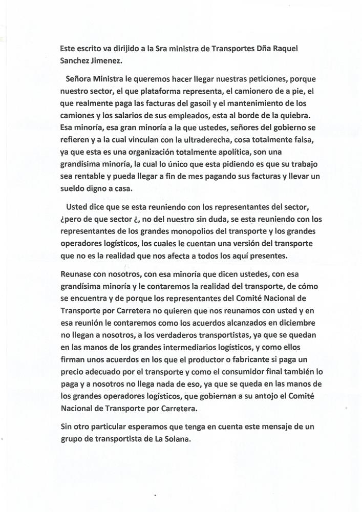 Manifiesto íntegro leído Juan Alfonso Moya, transportista solanero, en representación del sector