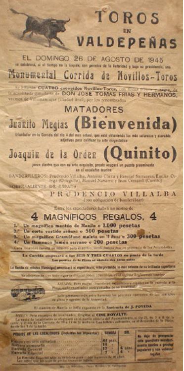 Cartel de una corrida de toros de Valdepeñas en 1945